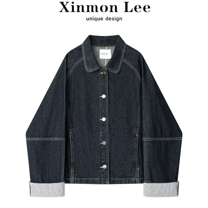 XinmonLee Korean retro design sense bright line denim jacket autumn striped stitching cuffs jacket cardigan