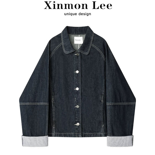 XinmonLee Korean retro design sense bright line denim jacket autumn striped stitching cuffs jacket cardigan