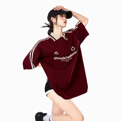 ICH MODE American 270g striped Polo short-sleeved T-shirt for women summer new loose sports half-sleeved top
