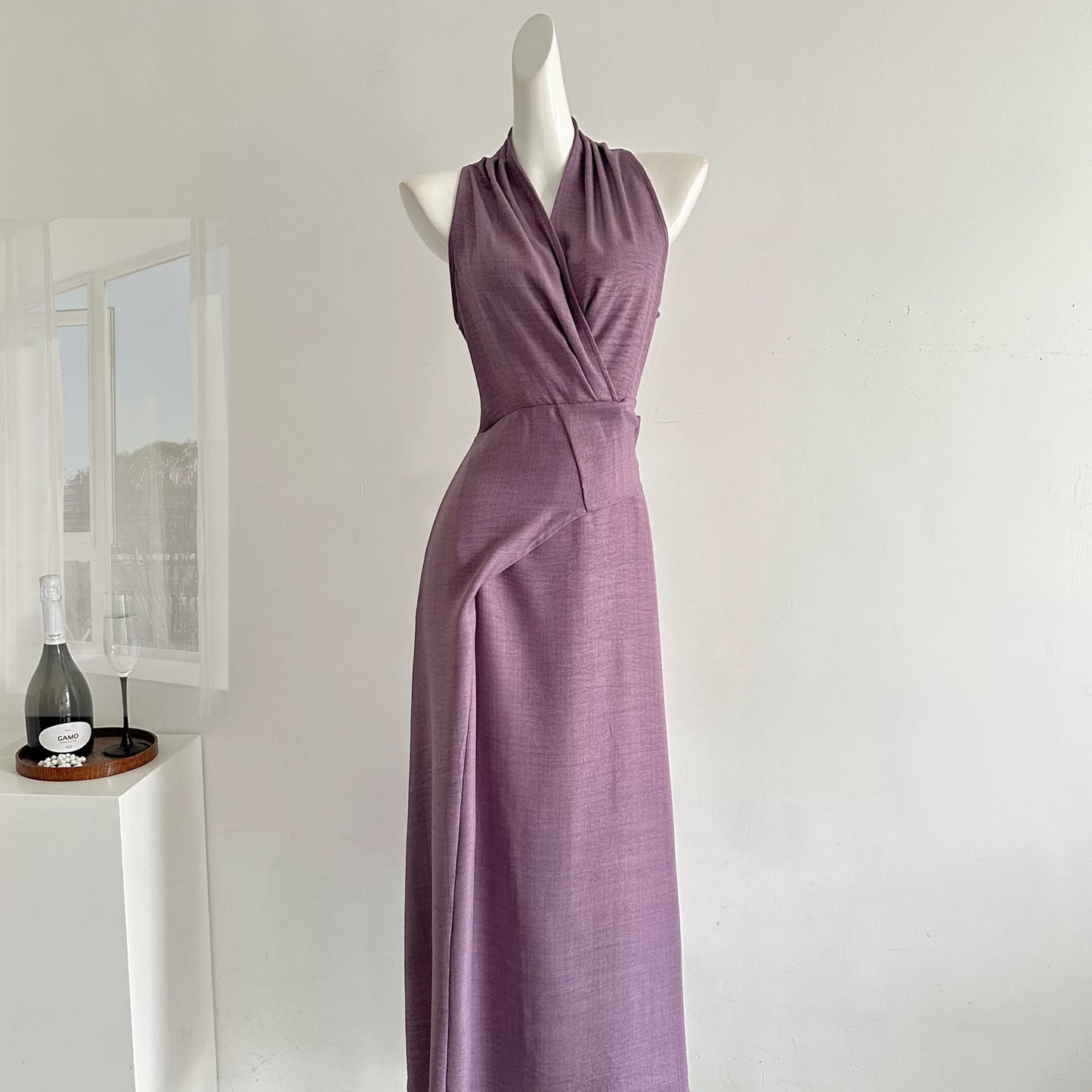 Miyou homemade Qingwan temperament purple v-neck halter dress female design waist strap vest dress