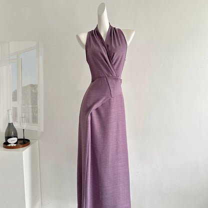 Miyou homemade Qingwan temperament purple v-neck halter dress female design waist strap vest dress