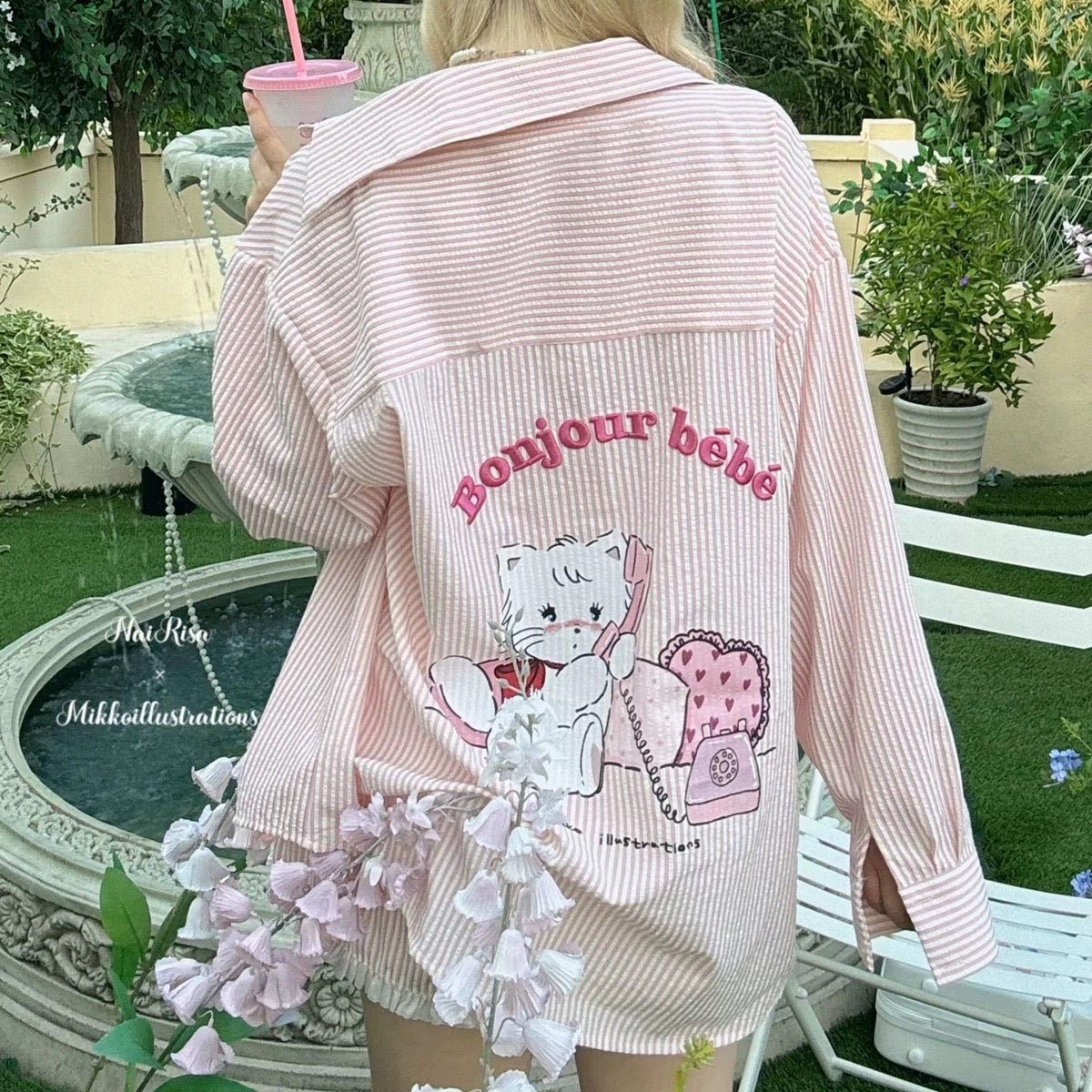 NaiRisa X Mikko Summer Long Sleeve Shirt Bubble Cotton Print Embroidery Striped Sun Protection Shirt Shorts