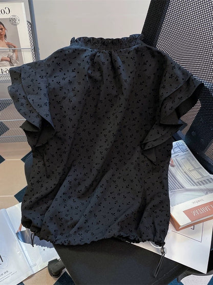 Exquisite and elegant court-style floral short shirt, new summer style for men and women, French chic flutter sleeve drawstring top.