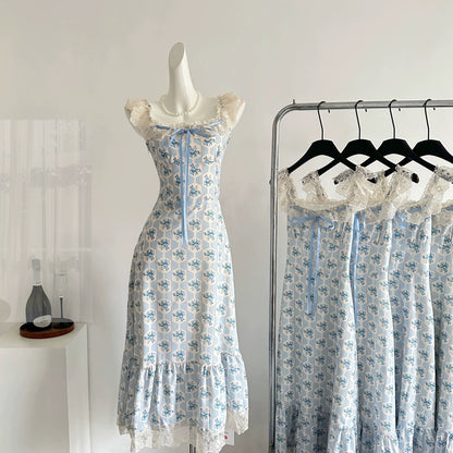 Miyou homemade Zhihai Mi blue lace splicing floral dress dopamine sweet cute gentle mohair