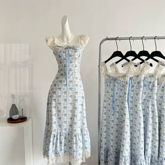 Miyou homemade Zhihai Mi blue lace splicing floral dress dopamine sweet cute gentle mohair