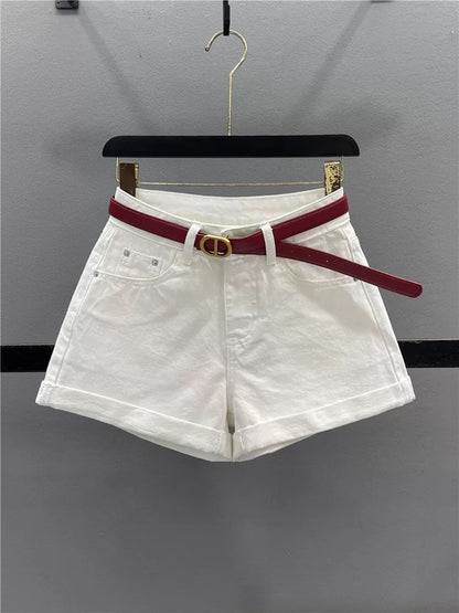 White rolled denim shorts women 2025 summer new style fashionable versatile slim hot girl A-line wide-leg pants hot pants