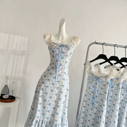 Miyou homemade Zhihai Mi blue lace splicing floral dress dopamine sweet cute gentle mohair