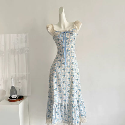 Miyou homemade Zhihai Mi blue lace splicing floral dress dopamine sweet cute gentle mohair
