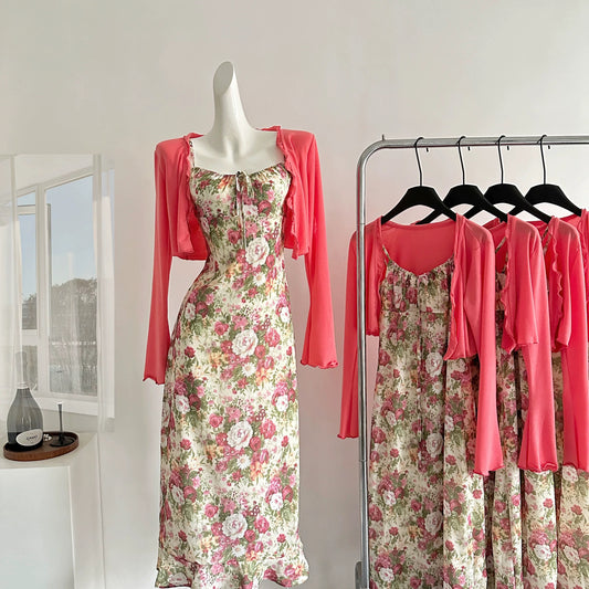 Miyou homemade bright rose print slim fit suspender skirt summer temperament dress for women