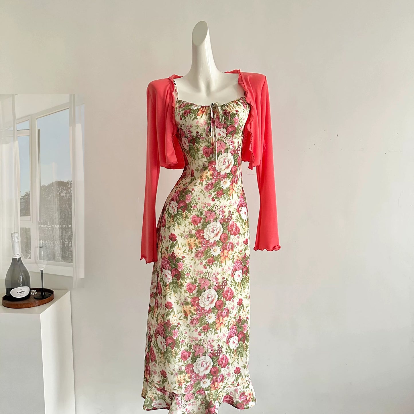 Miyou homemade bright rose print slim fit suspender skirt summer temperament dress for women