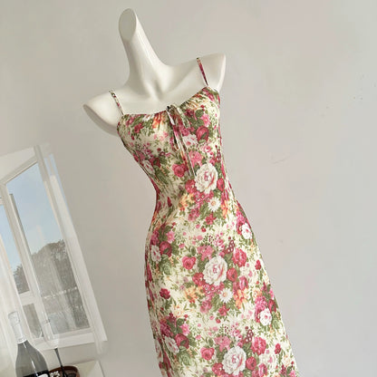 Miyou homemade bright rose print slim fit suspender skirt summer temperament dress for women