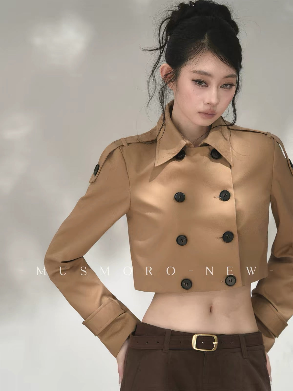 musmoro Women’s Cropped Double-Breasted Trench Coat – High-Waisted, Oversized-Fit Khaki Jacket for Petites