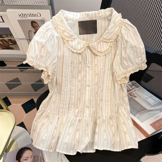 French retro sweet striped Peter Pan collar shirt, new summer style for men and women, youthful and fashionable short puff sleeve top