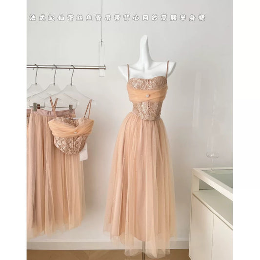 Miyou homemade spring outfit suit for women 2025 new lace suspender top mesh skirt two-piece suit