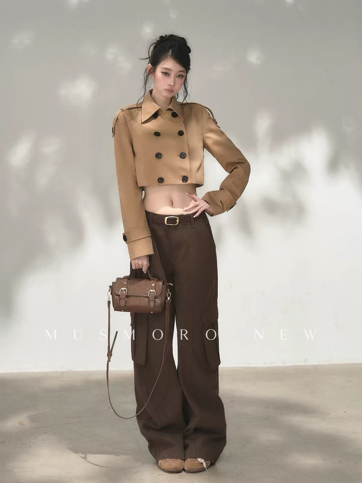 musmoro Women’s Cropped Double-Breasted Trench Coat – High-Waisted, Oversized-Fit Khaki Jacket for Petites