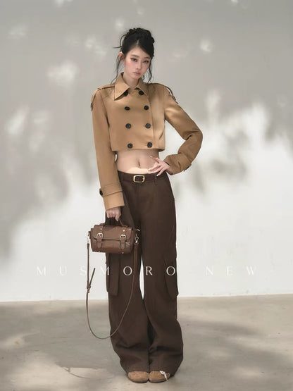 musmoro Women’s Cropped Double-Breasted Trench Coat – High-Waisted, Oversized-Fit Khaki Jacket for Petites