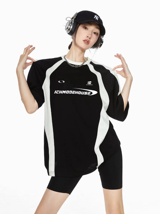 ICH MODE American contrasting color round neck short-sleeved t-shirt for women summer loose sports jersey training wear half-sleeved top