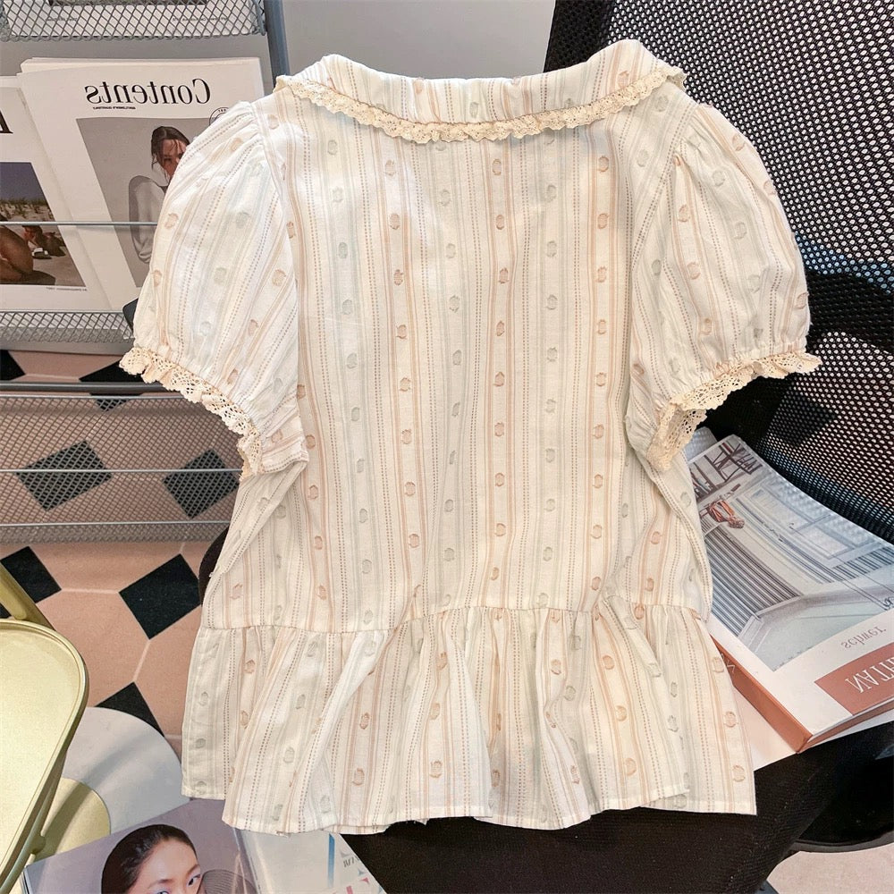 French retro sweet striped Peter Pan collar shirt, new summer style for men and women, youthful and fashionable short puff sleeve top