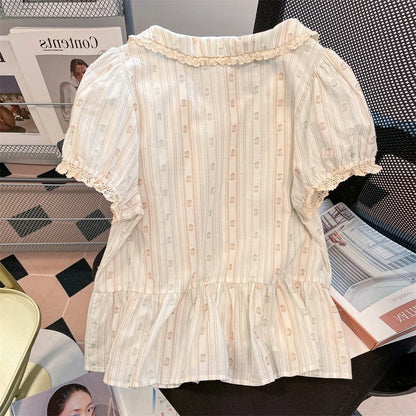 French retro sweet striped Peter Pan collar shirt, new summer style for men and women, youthful and fashionable short puff sleeve top