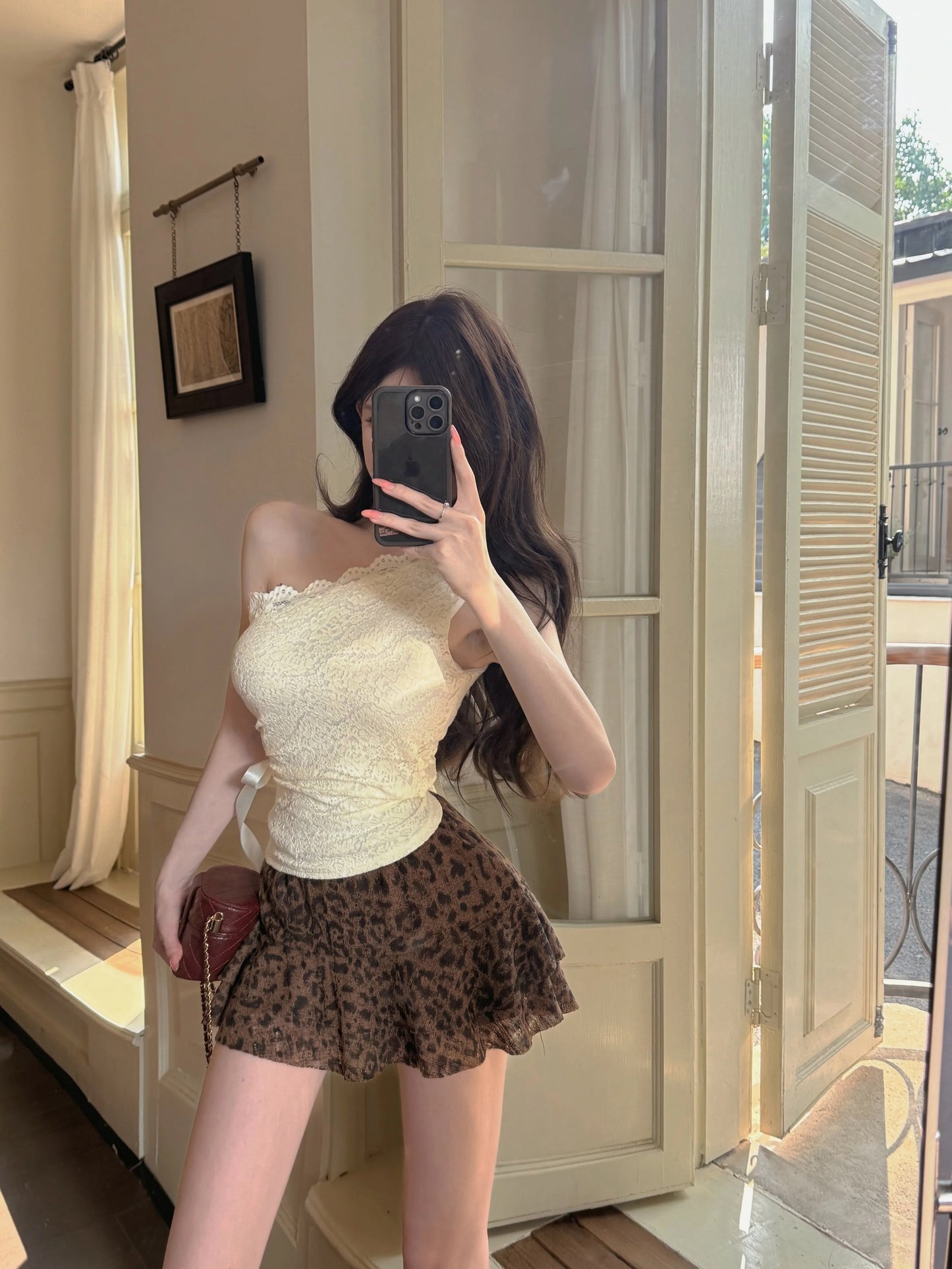 Kumikumi hot girl suit women's bow tie off-shoulder lace vest summer leopard print skirt two-piece suit