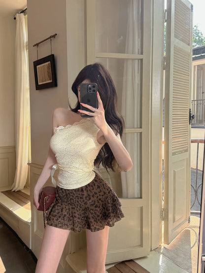 Kumikumi hot girl suit women's bow tie off-shoulder lace vest summer leopard print skirt two-piece suit