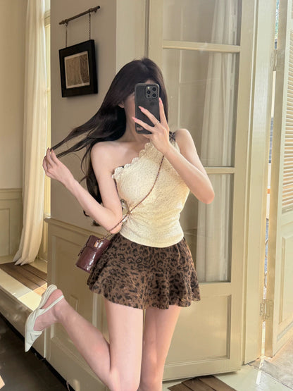 Kumikumi hot girl suit women's bow tie off-shoulder lace vest summer leopard print skirt two-piece suit