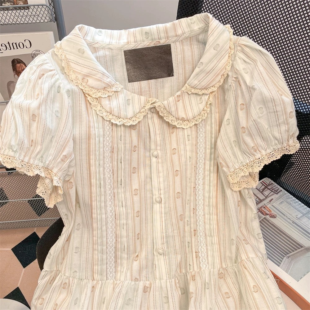 French retro sweet striped Peter Pan collar shirt, new summer style for men and women, youthful and fashionable short puff sleeve top