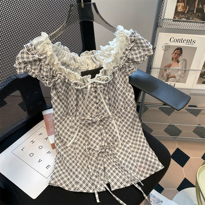 Retro American sweet and spicy girl bow tie short-sleeved shirt unisex summer vacation two-piece plaid short slim top