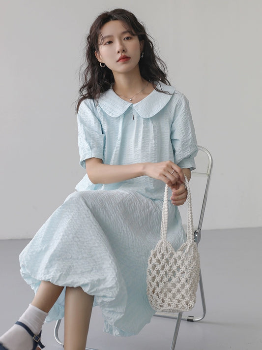 Ice blue bubble crepe texture striped French Peter Pan collar short-sleeved shirt skirt suit women's two-piece summer set