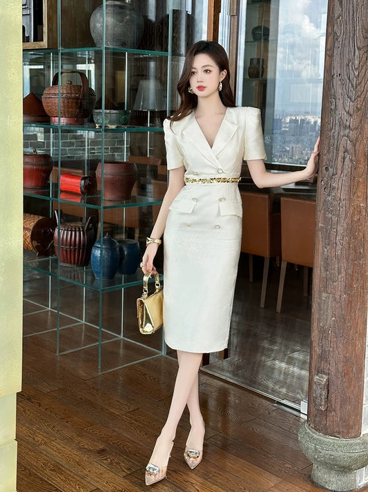 Waist chain splicing suit collar double-breasted dress 2024 summer new style sweet young style age-reducing professional women's wear