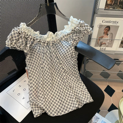 Retro American sweet and spicy girl bow tie short-sleeved shirt unisex summer vacation two-piece plaid short slim top