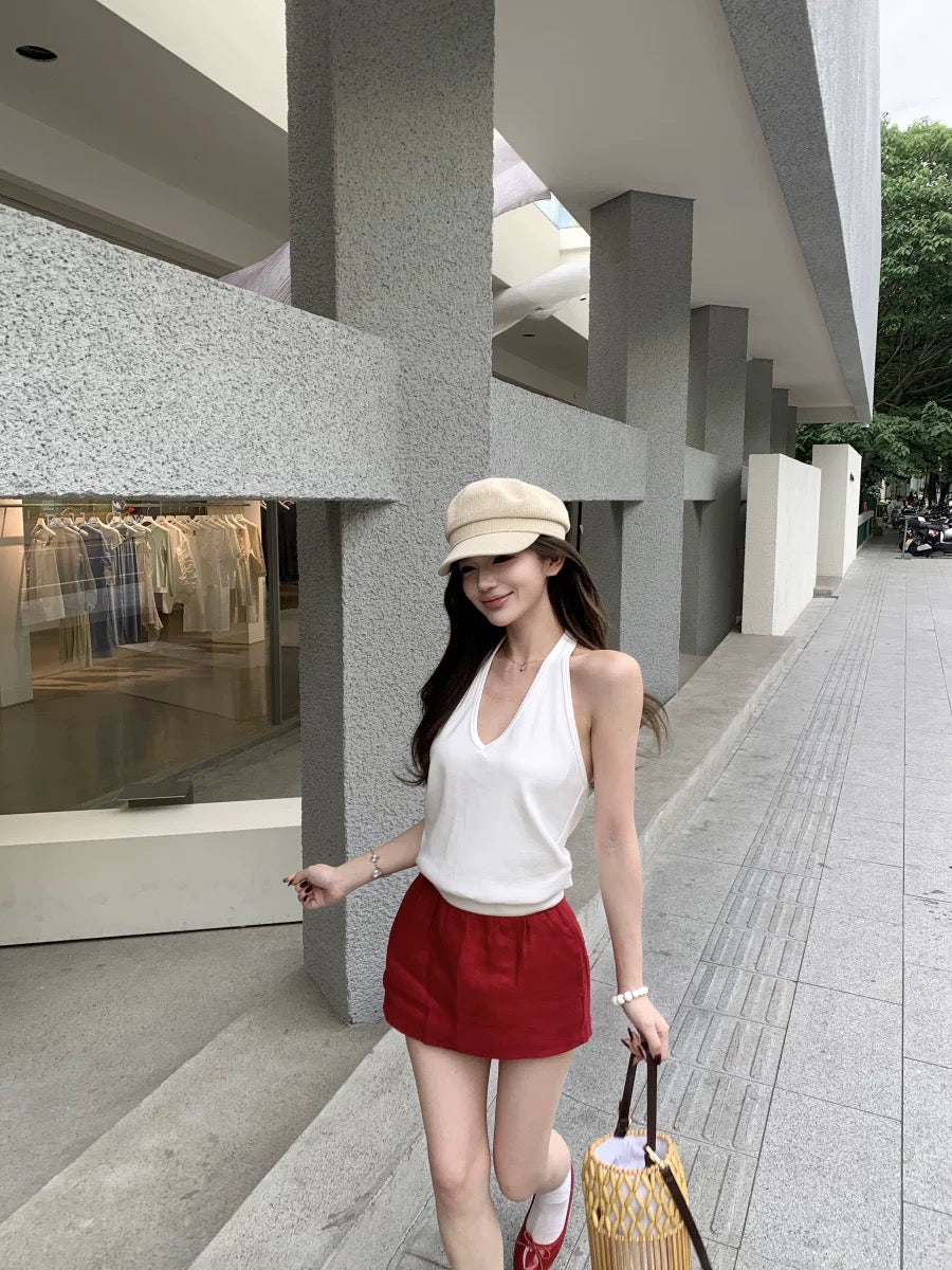 Pure desire suit backless hanging white neck vest top female summer temperament red short skirt half-length skirt two-piece suit
