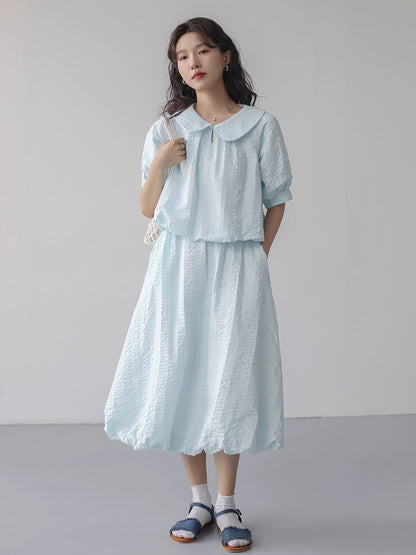 Ice blue bubble crepe texture striped French Peter Pan collar short-sleeved shirt skirt suit women's two-piece summer set