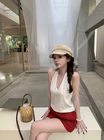 Pure desire suit backless hanging white neck vest top female summer temperament red short skirt half-length skirt two-piece suit
