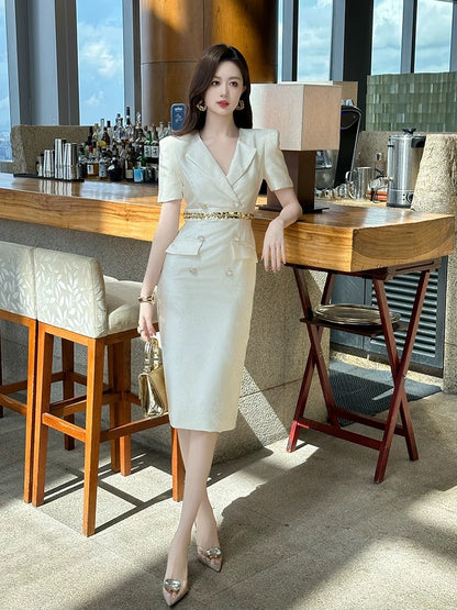 Waist chain splicing suit collar double-breasted dress 2024 summer new style sweet young style age-reducing professional women's wear