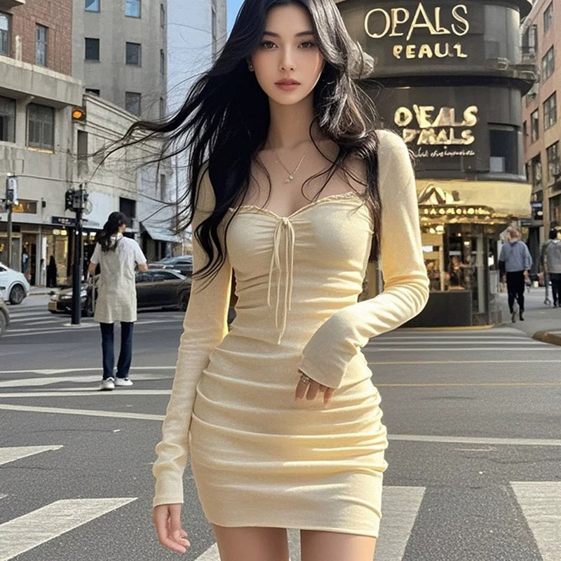 Coco KEKE 2024 autumn pure lust style sexy hot girl hip-hugging square neck dress