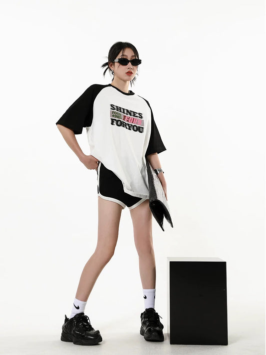 ICH MODE 230G Raglan Sleeve Design Round Neck Short Sleeve Women's Slim American Retro Loose Casual T-Shirt for Women