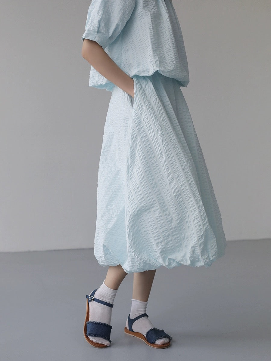 Ice blue bubble crepe texture striped French Peter Pan collar short-sleeved shirt skirt suit women's two-piece summer set