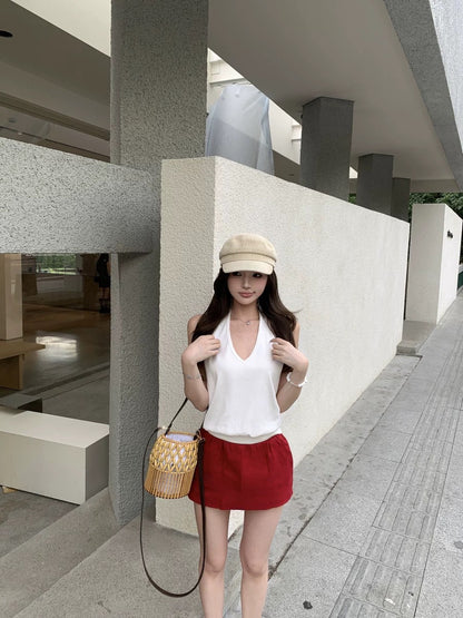 Pure desire suit backless hanging white neck vest top female summer temperament red short skirt half-length skirt two-piece suit
