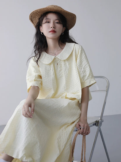 Ice blue bubble crepe texture striped French Peter Pan collar short-sleeved shirt skirt suit women's two-piece summer set