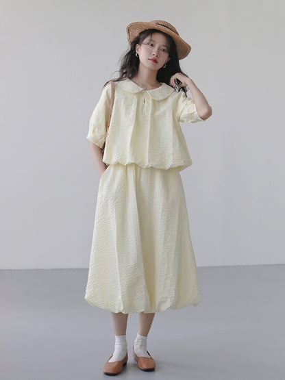 Ice blue bubble crepe texture striped French Peter Pan collar short-sleeved shirt skirt suit women's two-piece summer set