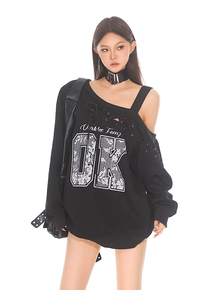 CCUP SPACE Niche design lace casual sweatshirt for women early autumn new printed strapless top