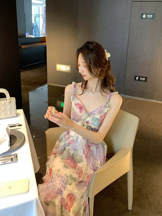 Sweetmoon Flower Blossom Pinellia/French Irregular Design Waist Stunning Suspender Dress for Women