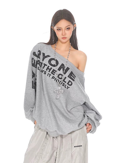 CCUP SPACE American retro letter printed off-shoulder sweatshirt for women autumn new design loose sweatshirt