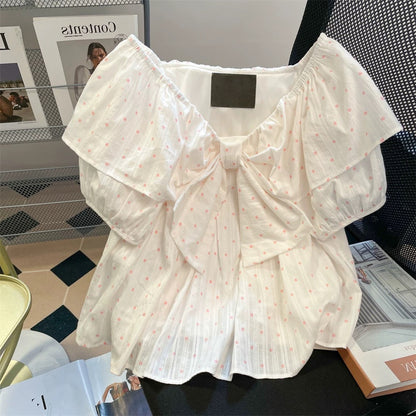 Super cute polka dot bow off-shoulder short-sleeved shirt for men and women, unique, sweet and pretty, two-way V-neck top