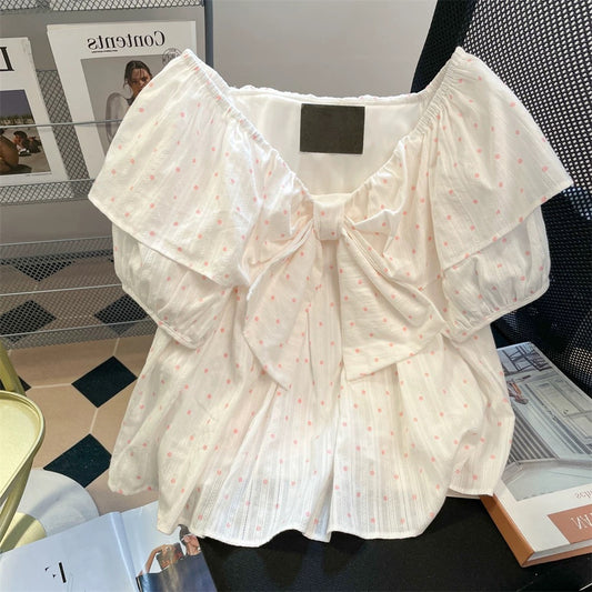 Super cute polka dot bow off-shoulder short-sleeved shirt for men and women, unique, sweet and pretty, two-way V-neck top