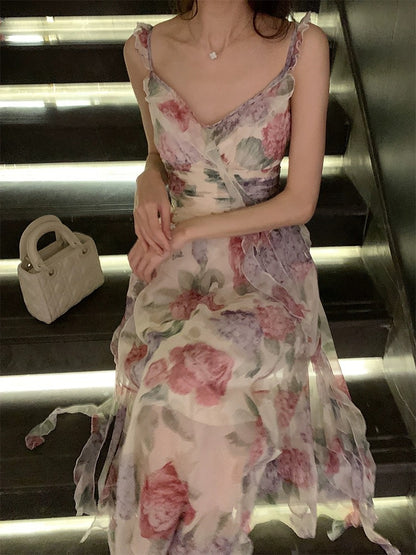 Sweetmoon Flower Blossom Pinellia/French Irregular Design Waist Stunning Suspender Dress for Women