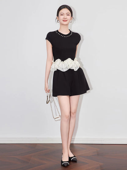 RMO&JUL Fashionable Age-reducing Color-contrast Lotus Leaf Lace Beaded Round Neck T-shirt + Wide-leg A-line Shorts Set Luo Jia Women