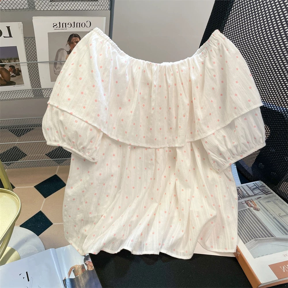 Super cute polka dot bow off-shoulder short-sleeved shirt for men and women, unique, sweet and pretty, two-way V-neck top