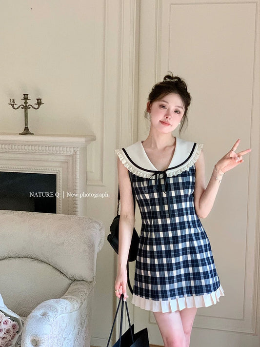 Yang Xiaojuan MIU sweet girl navy collar plaid sleeveless dress for women looking slimming and age-reducing A-line skirt